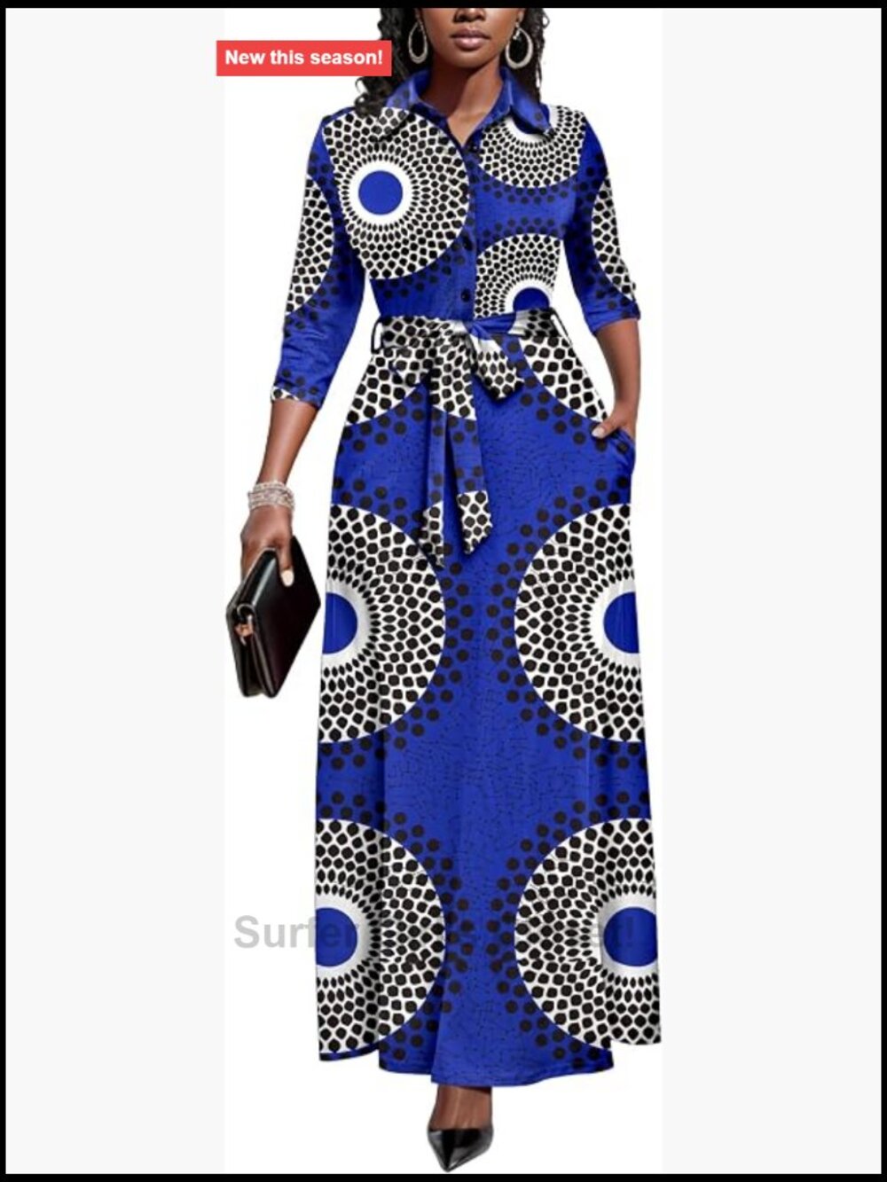Women's Maxi Dress 3/4 Sleeve Button Down African Print Church Dress